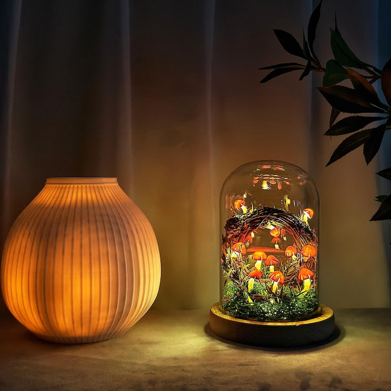 Handmade Mushroom Lamp LED Night Light with Dried Flowers Moss Wooden Base 12cm Diameter 17.5cm Height