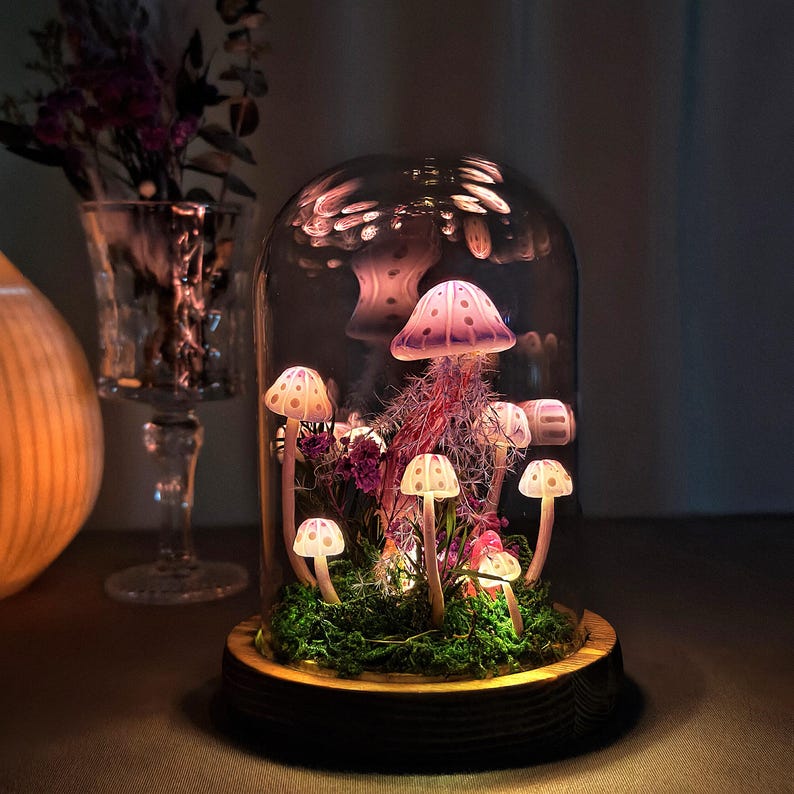 Pink Handmade Mushroom Lamp with LED Light, Dried Flowers & Wooden Base, 12cm Diameter, 17.5cm Height, Whimsigoth Decor