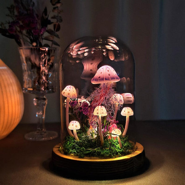 Pink Handmade Mushroom Lamp with LED Light, Dried Flowers & Wooden Base, 12cm Diameter, 17.5cm Height, Whimsigoth Decor