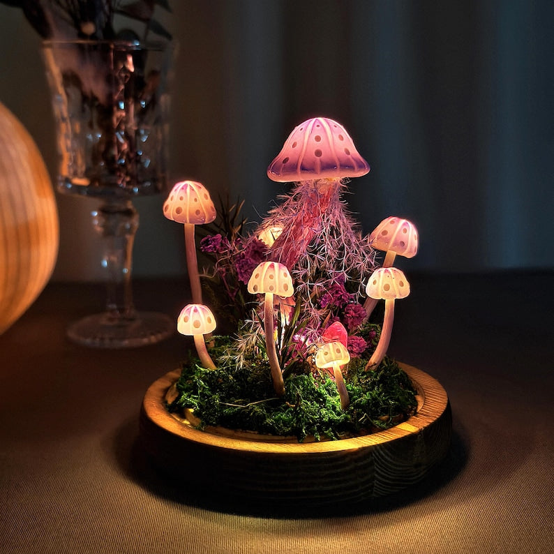 Pink Handmade Mushroom Lamp with LED Light, Dried Flowers & Wooden Base, 12cm Diameter, 17.5cm Height, Whimsigoth Decor