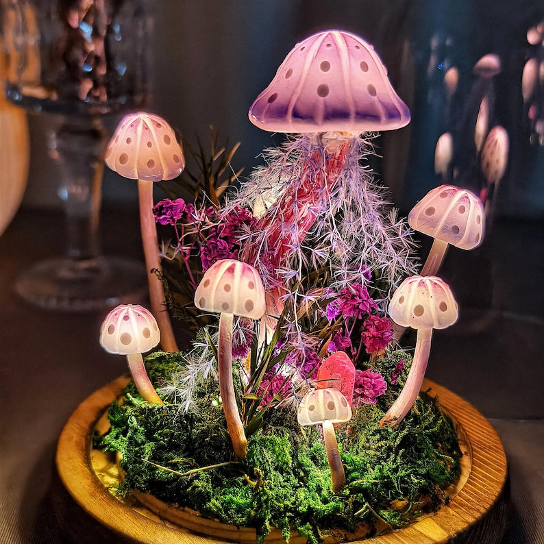 Pink Handmade Mushroom Lamp with LED Light, Dried Flowers & Wooden Base, 12cm Diameter, 17.5cm Height, Whimsigoth Decor