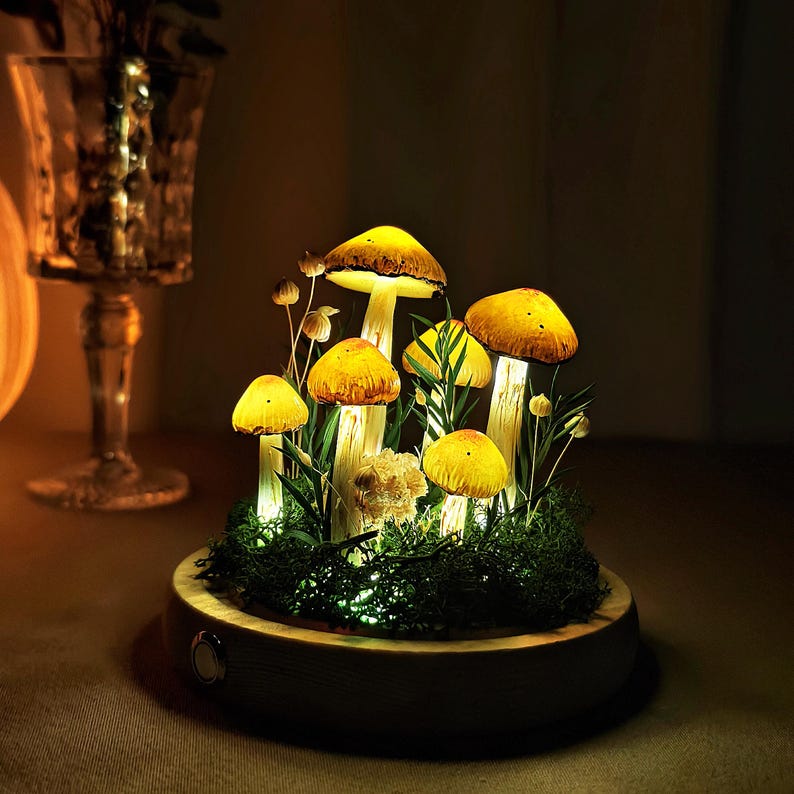 LED Mushroom Lamp with Dried Flowers and Wooden Base, 12cm Diameter, 17.5cm Height, Battery or USB Powered