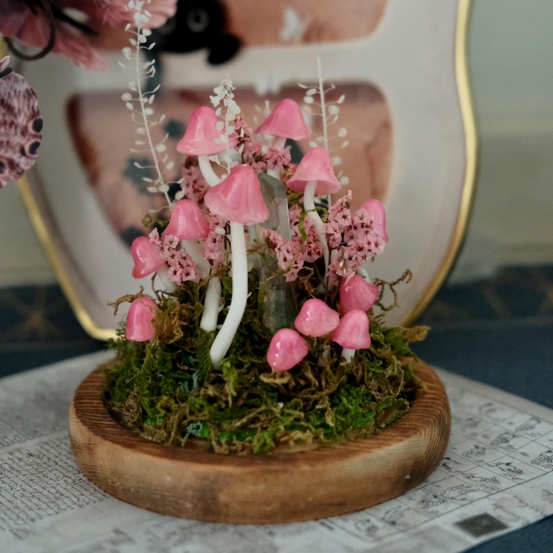 Pink Mushroom Lamp Glass Crystal Night Light Wooden Base Battery or USB Powered