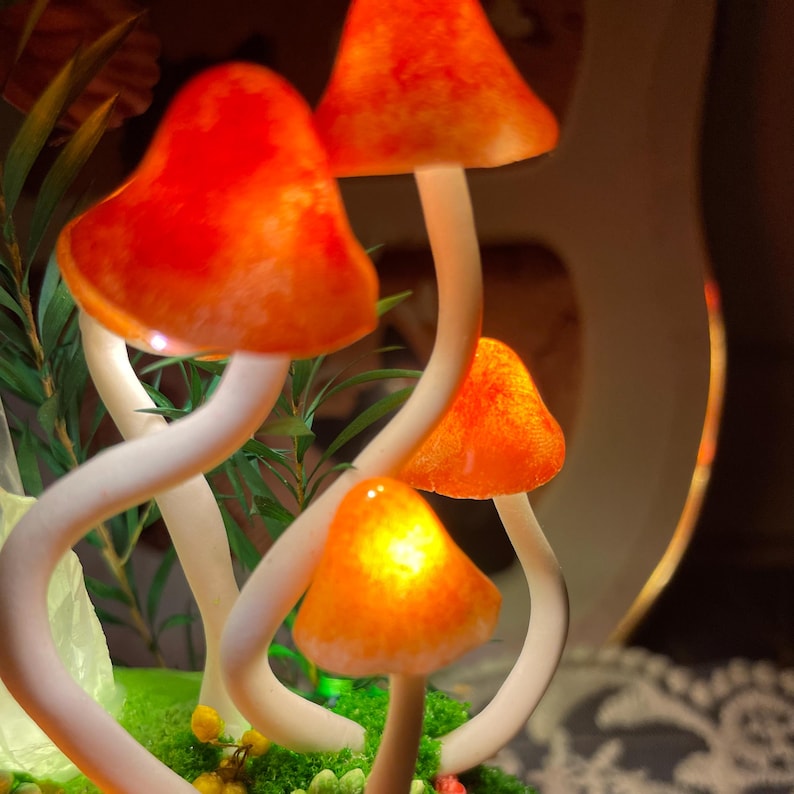 Orange Mushroom Lamp Glass Crystal Terrarium Night Light with Wooden Base Battery or USB Powered