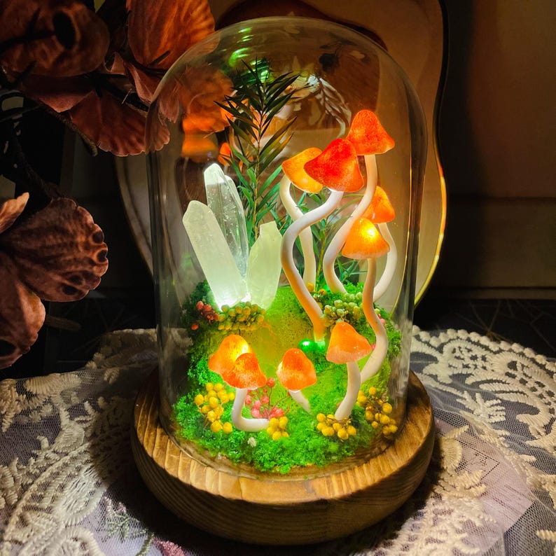 Orange Mushroom Lamp Glass Crystal Terrarium Night Light with Wooden Base Battery or USB Powered