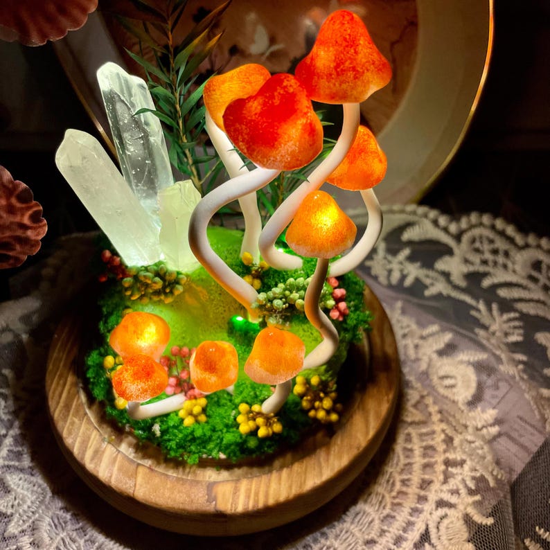 Orange Mushroom Lamp Glass Crystal Terrarium Night Light with Wooden Base Battery or USB Powered