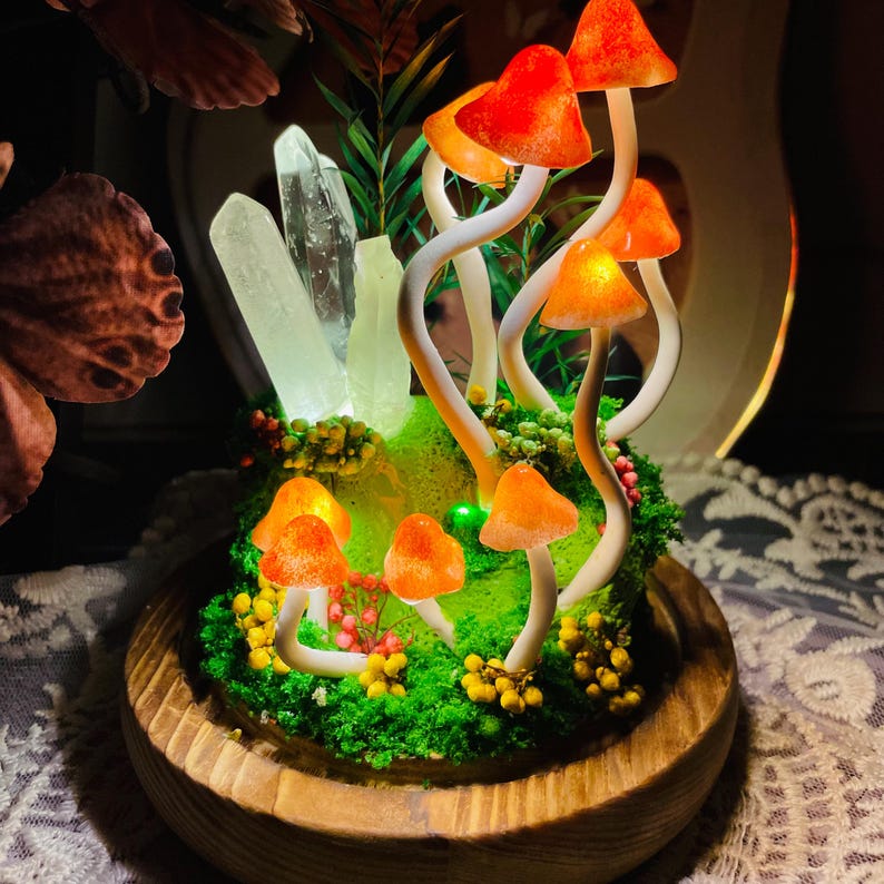 Orange Mushroom Lamp Glass Crystal Terrarium Night Light with Wooden Base Battery or USB Powered