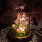 Pink Mushroom Lamp Glass Crystal Night Light with Wooden Base Battery or USB Powered