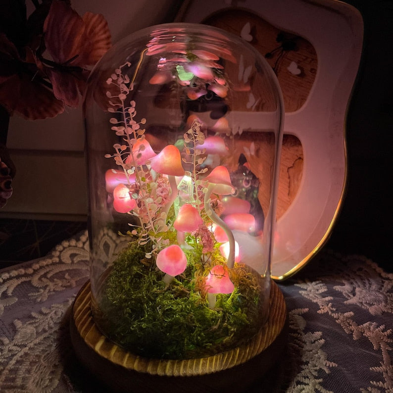 Pink Mushroom Lamp Glass Crystal Night Light Wooden Base Battery or USB Powered