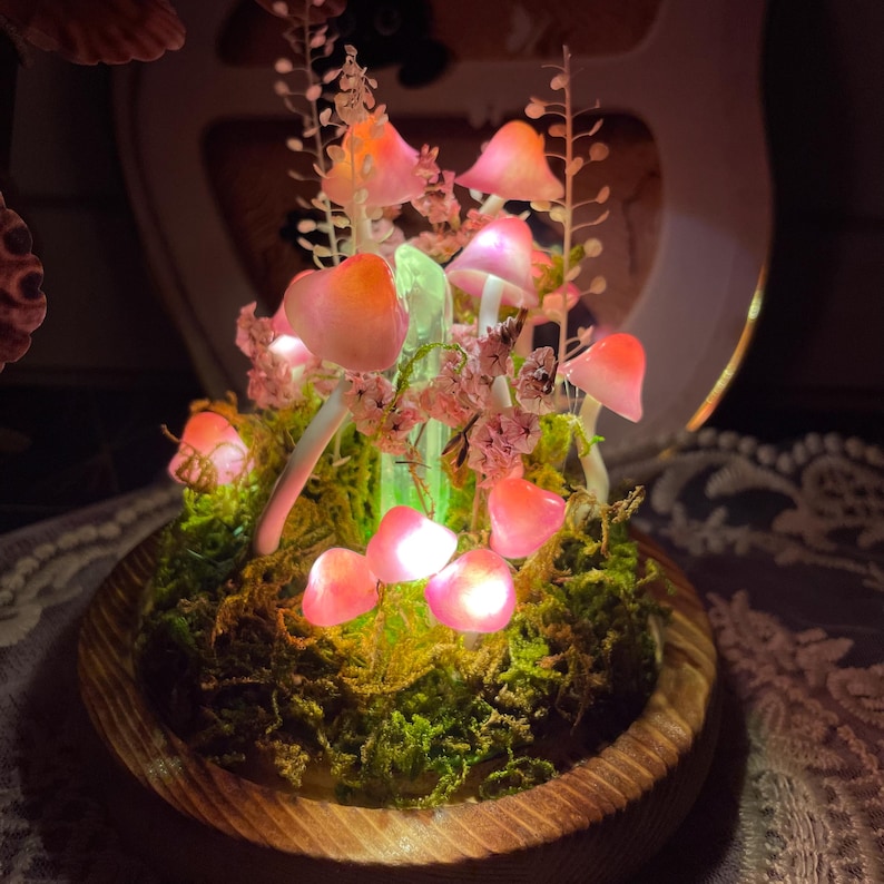 Pink Mushroom Lamp Glass Crystal Night Light with Wooden Base Battery or USB Powered