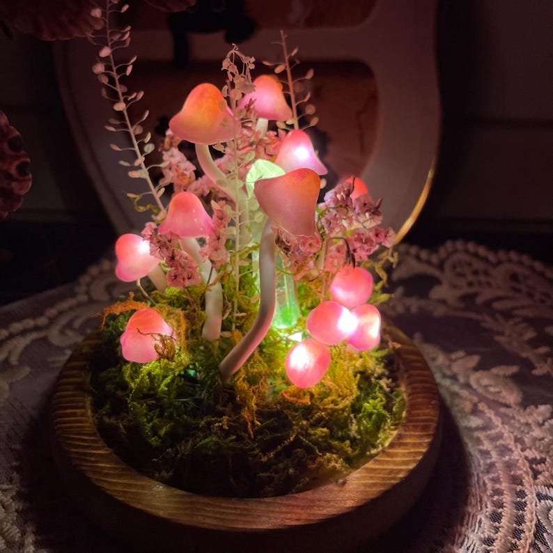 Pink Mushroom Lamp Glass Crystal Night Light with Wooden Base Battery or USB Powered