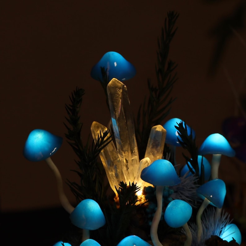 Blue Mushroom Lamp with Glowing Crystal Pillar, LED Night Light, 17 cm, Battery or USB Powered