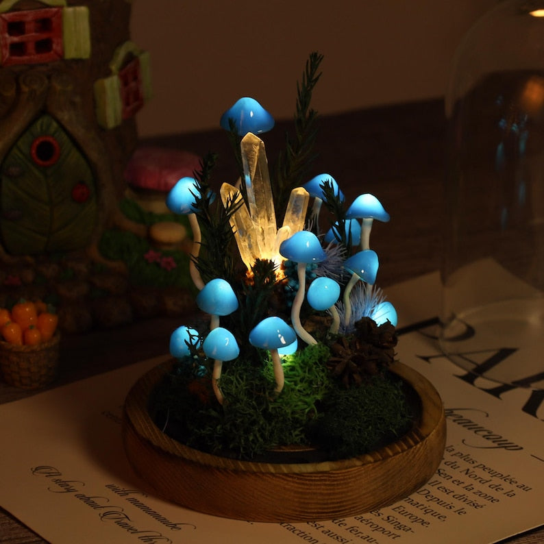 Blue Mushroom Lamp with Glowing Crystal Pillar, LED Night Light, 17 cm, Battery or USB Powered