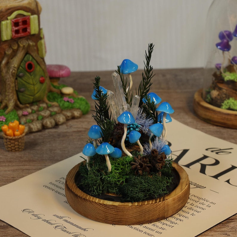 Blue Mushroom Lamp with Glowing Crystal Pillar, LED Night Light, 17 cm, Battery or USB Powered