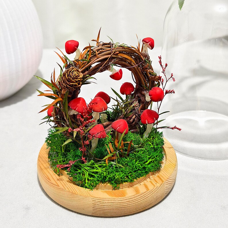 Handmade Mushroom Lamp LED Night Light with Dried Flowers Moss Wooden Base 12cm Diameter 17.5cm Height