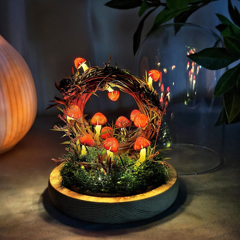 Handmade Mushroom Lamp LED Night Light with Dried Flowers Moss Wooden Base 12cm Diameter 17.5cm Height