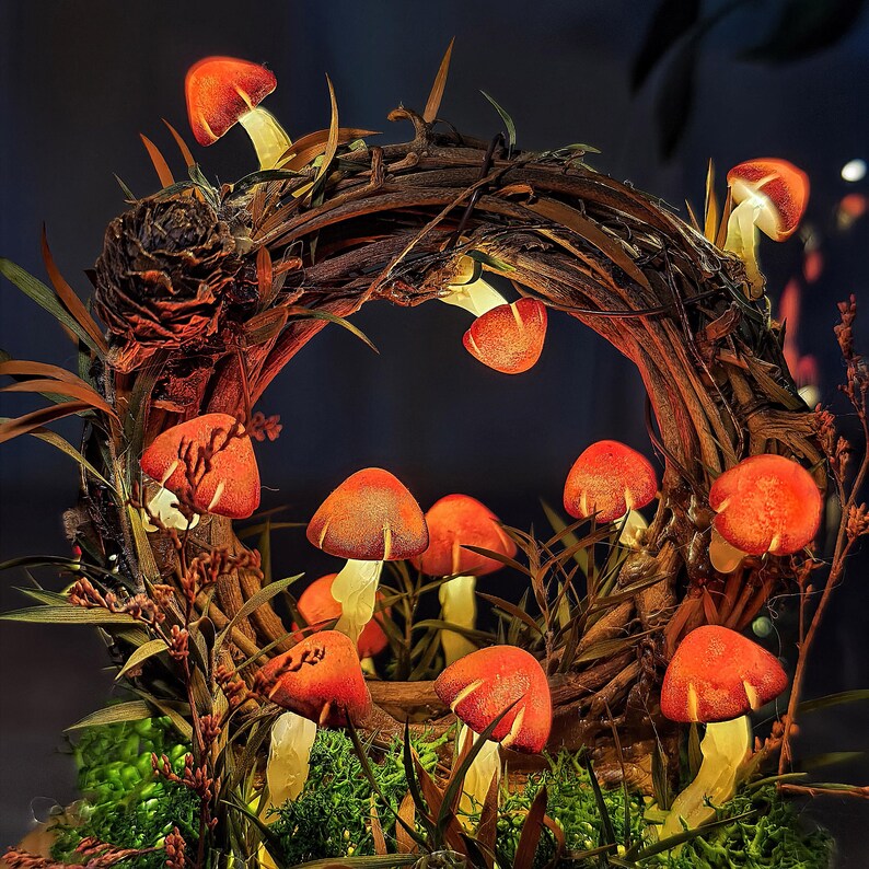 Handmade Mushroom Lamp LED Night Light with Dried Flowers Moss Wooden Base 12cm Diameter 17.5cm Height