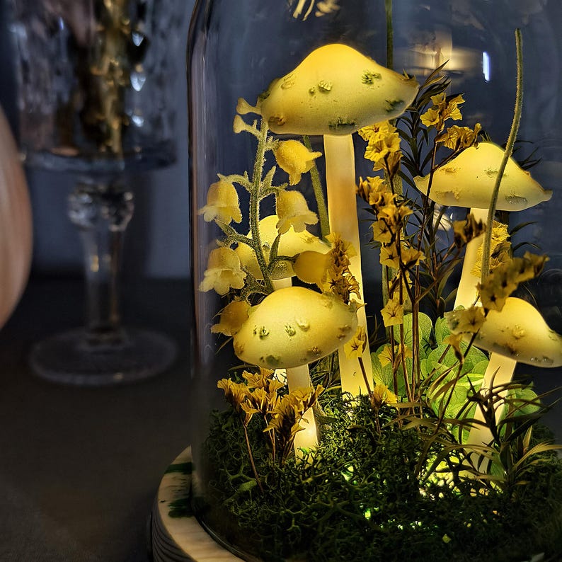 Handmade LED Mushroom Lamp with Dried Flowers and Wooden Base, 12cm Diameter, 17.5cm Height, Battery or USB Powered