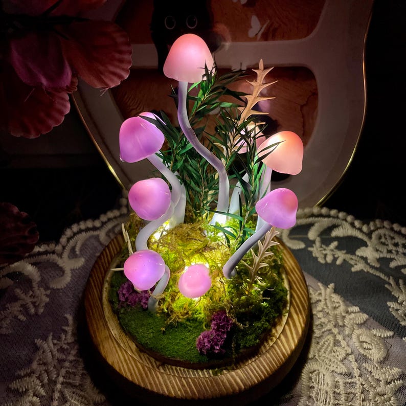 Purple Mushroom Lamp, Handmade LED Night Light, Fantasy Forest Decor, Battery or USB Powered