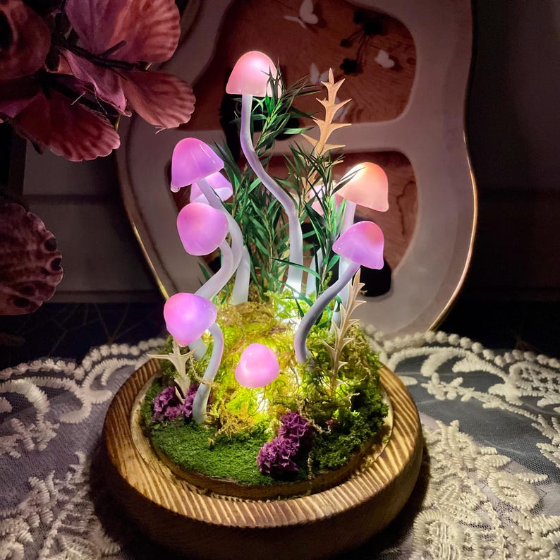 Purple Mushroom Lamp, Handmade LED Night Light, Fantasy Forest Decor, Battery or USB Powered