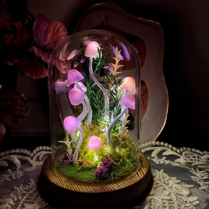 Purple Mushroom Lamp, Handmade LED Night Light, Fantasy Forest Decor, Battery or USB Powered
