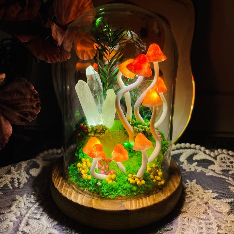 Orange Mushroom Lamp Glass Crystal Terrarium Night Light with Wooden Base Battery or USB Powered