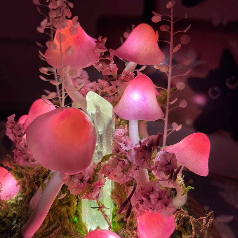 Pink Mushroom Lamp Glass Crystal Night Light Wooden Base Battery or USB Powered