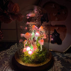 Pink Mushroom Lamp Glass Crystal Night Light Wooden Base Battery or USB Powered