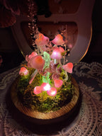 Pink Mushroom Lamp Glass Crystal Night Light with Wooden Base Battery or USB Powered