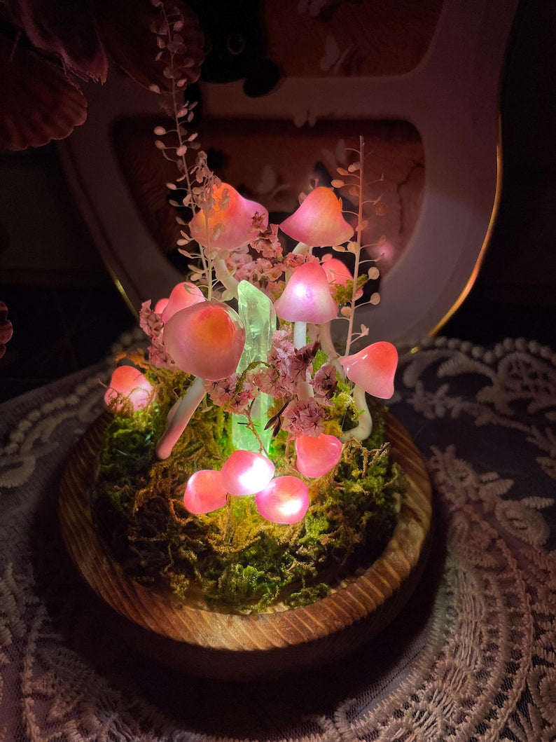 Pink Mushroom Lamp Glass Crystal Night Light with Wooden Base Battery or USB Powered
