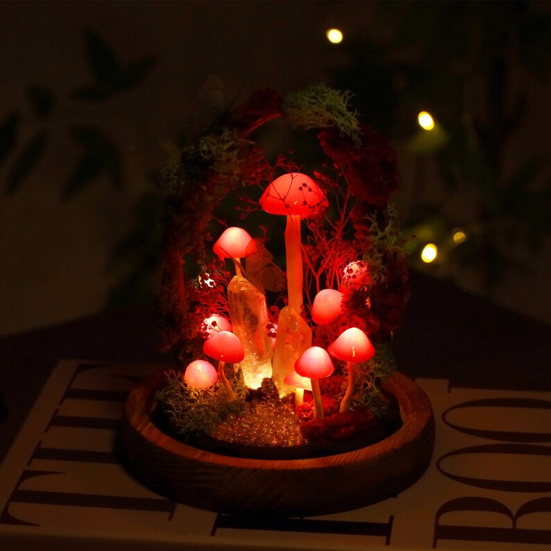 Rose Pink Mushroom Night Light with Crystal Core and Moss Arch, Fairy Garden Terrarium Lamp, 17 cm