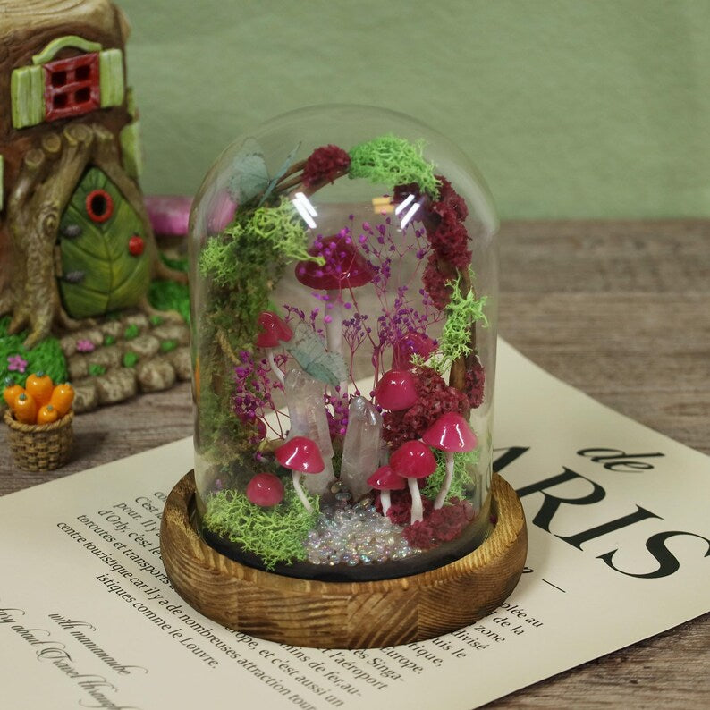 Rose Pink Mushroom Night Light with Crystal Core and Moss Arch, Fairy Garden Terrarium Lamp, 17 cm