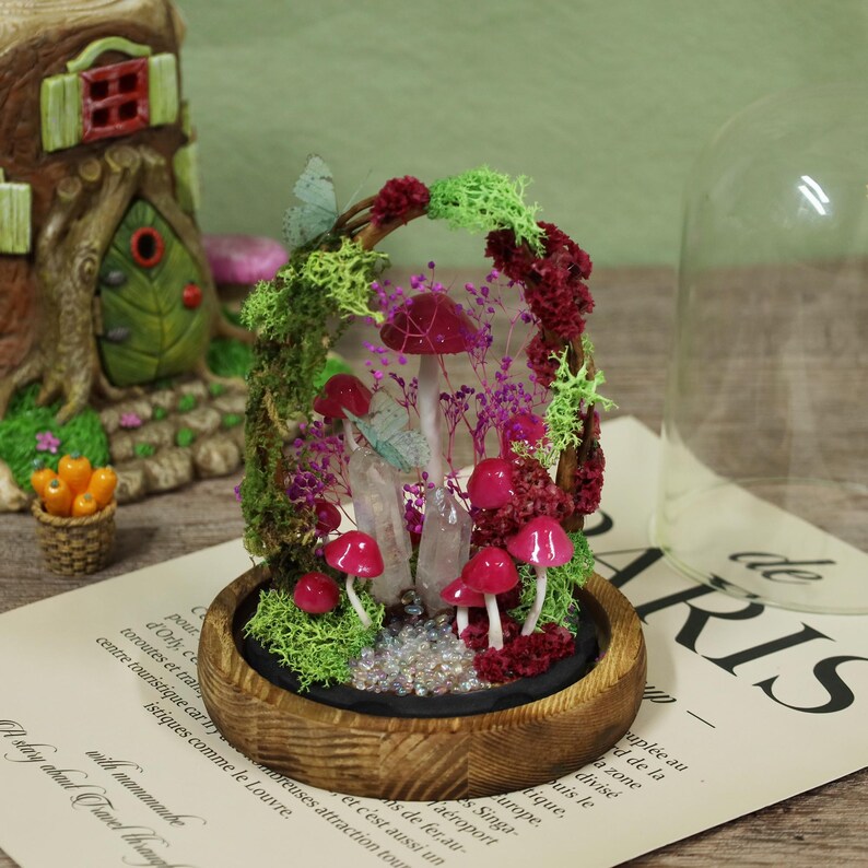 Rose Pink Mushroom Night Light with Crystal Core and Moss Arch, Fairy Garden Terrarium Lamp, 17 cm