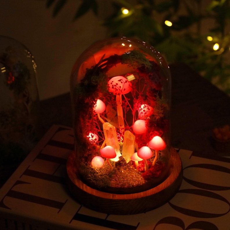 Rose Pink Mushroom Night Light with Crystal Core and Moss Arch, Fairy Garden Terrarium Lamp, 17 cm