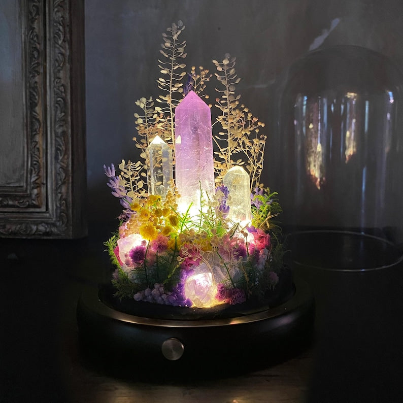 Amethyst Crystal Night Light LED Lamp with Acrylic or Glass Dome Wooden Base USB or Battery Powered