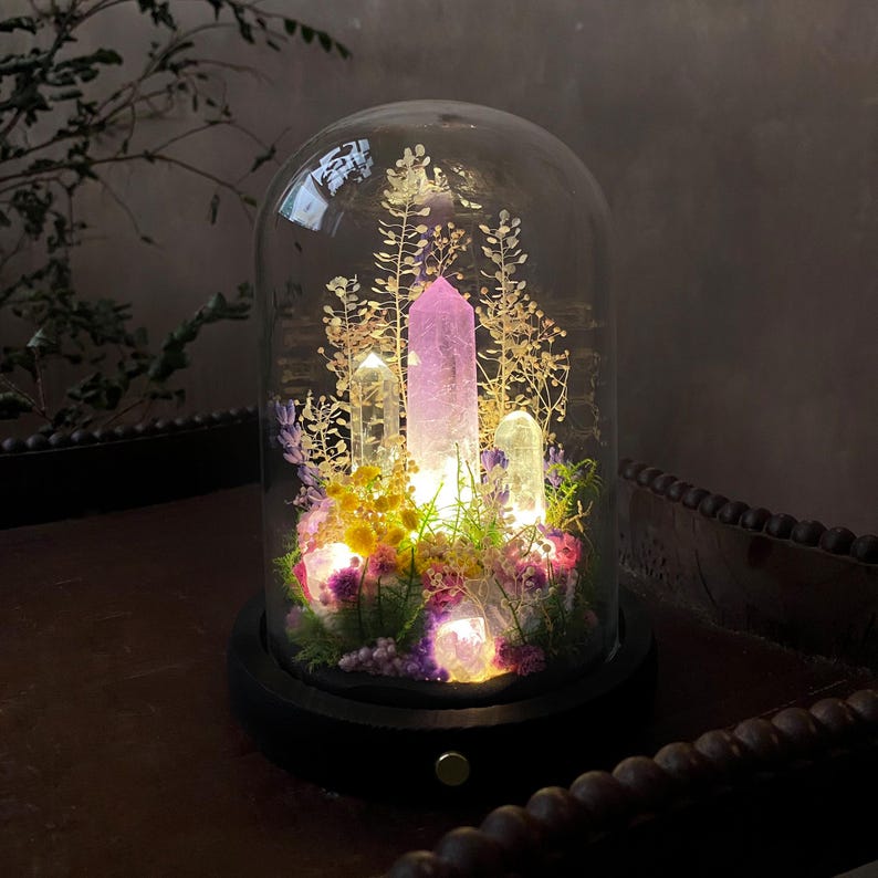 Amethyst Crystal Night Light LED Lamp with Acrylic or Glass Dome Wooden Base USB or Battery Powered