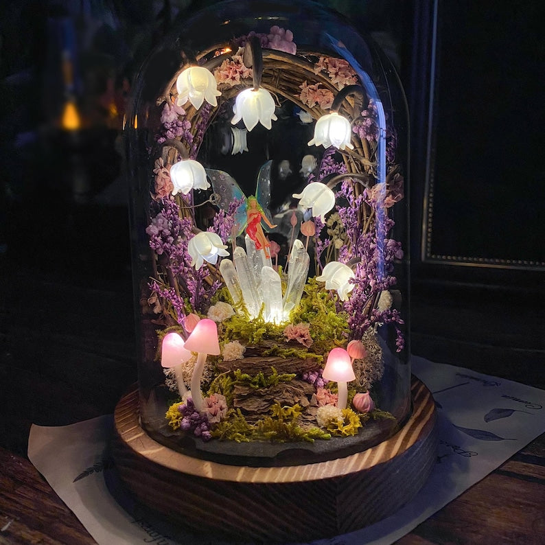 Lily of the Valley Night Light with Glowing Crystals and Fairy, Mushroom Lamp, Wooden Base, Glass Dome, Battery or USB Powered