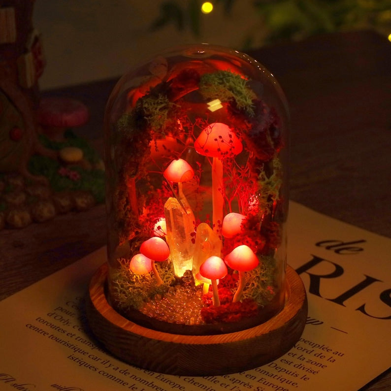 Rose Pink Mushroom Night Light with Crystal Core and Moss Arch, Fairy Garden Terrarium Lamp, 17 cm