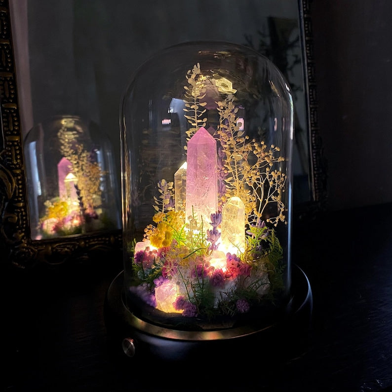 Amethyst Crystal Night Light LED Lamp with Acrylic or Glass Dome Wooden Base USB or Battery Powered