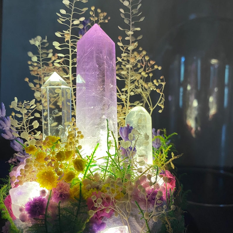 Amethyst Crystal Night Light LED Lamp with Acrylic or Glass Dome Wooden Base USB or Battery Powered