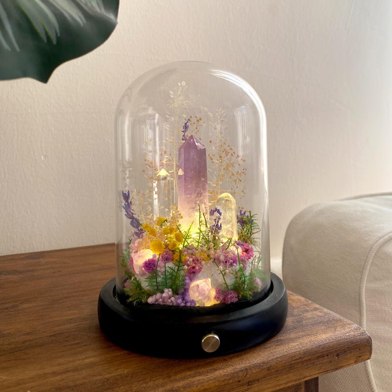 Amethyst Crystal Night Light LED Lamp with Acrylic or Glass Dome Wooden Base USB or Battery Powered