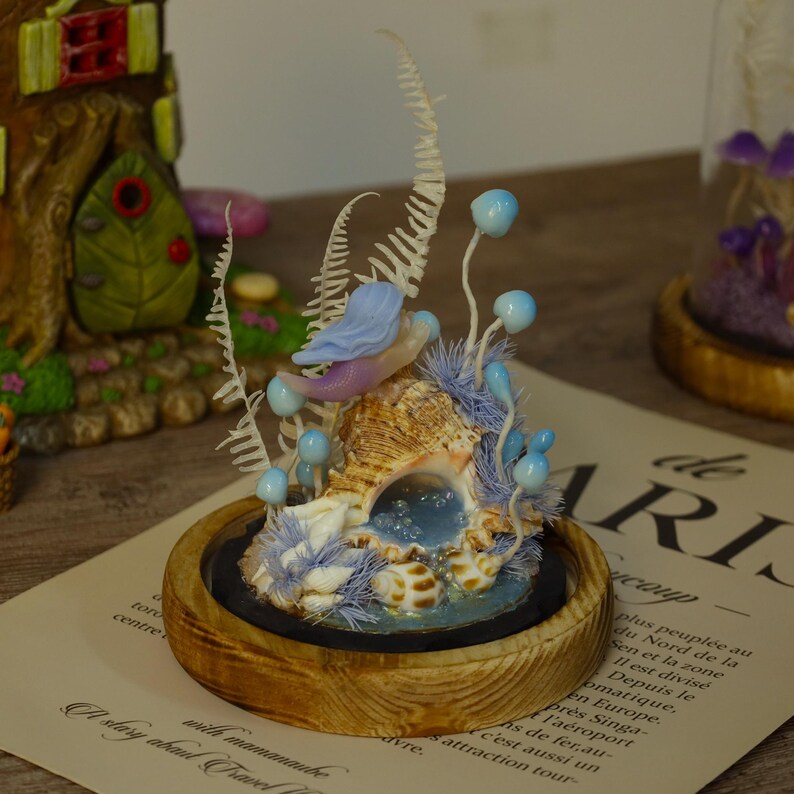 Mermaid Mushroom Night Light Blue Ocean Theme Glass Dome Lamp 17 cm USB Battery Powered