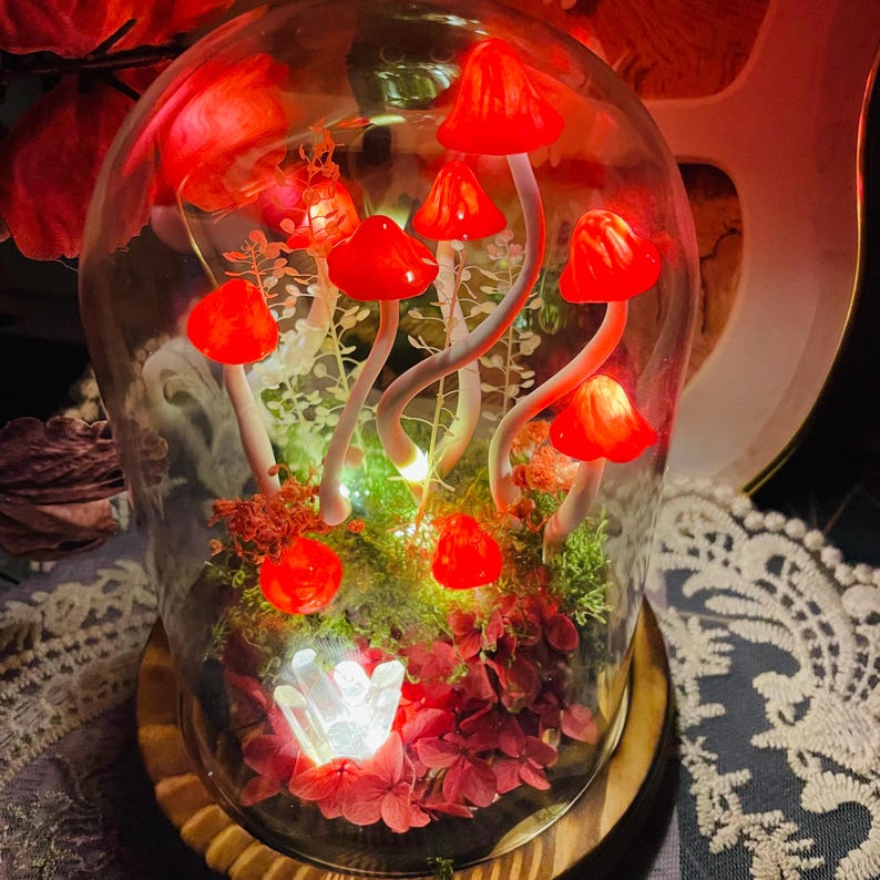 Red Mushroom Night Light Handcrafted Glass & Clay Lamp with Crystal and Preserved Flowers Battery or USB Powered