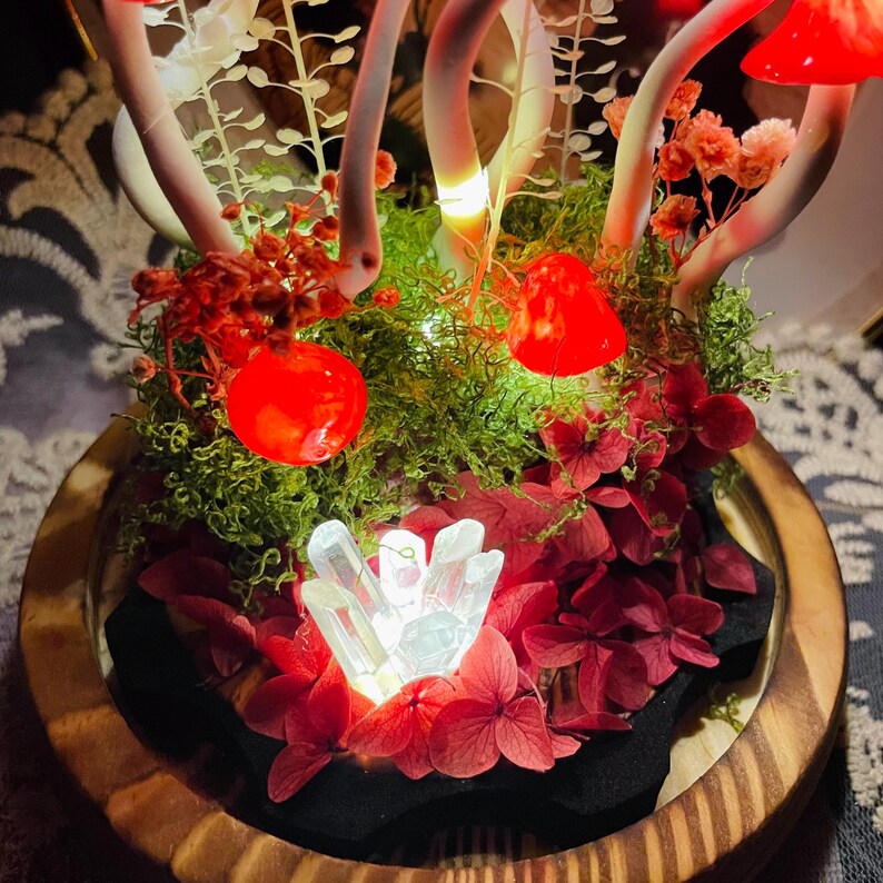 Red Mushroom Night Light Handcrafted Glass & Clay Lamp with Crystal and Preserved Flowers Battery or USB Powered