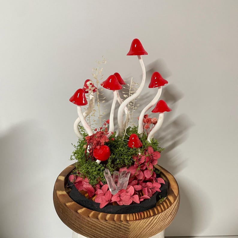 Red Mushroom Night Light Handcrafted Glass & Clay Lamp with Crystal and Preserved Flowers Battery or USB Powered