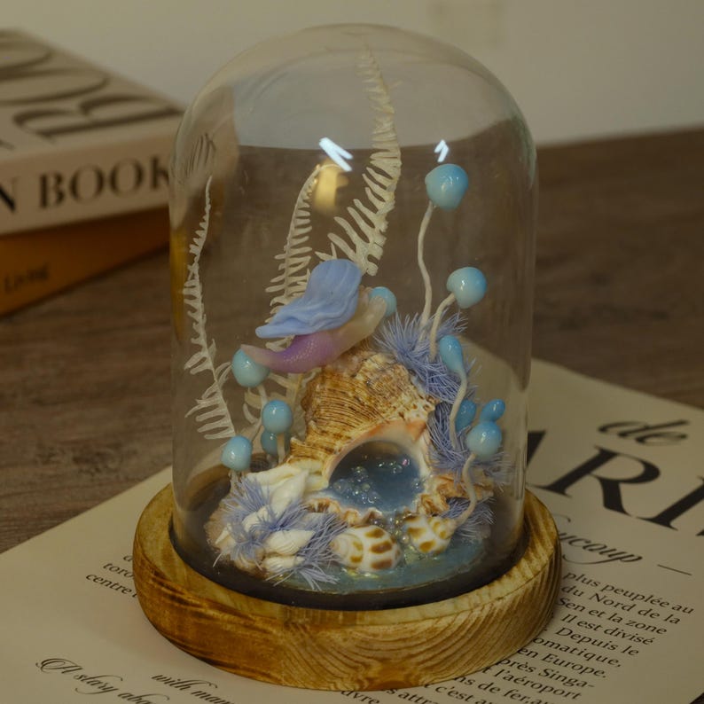 Mermaid Mushroom Night Light Blue Ocean Theme Glass Dome Lamp 17 cm USB Battery Powered