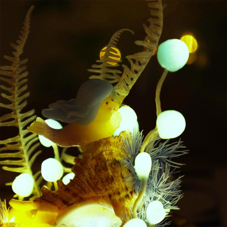Mermaid Mushroom Night Light Blue Ocean Theme Glass Dome Lamp 17 cm USB Battery Powered