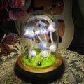 Mushroom Night Light Glass & Clay Lamp with Butterfly, Dried Flowers and Wooden Base, Battery or USB Powered, 12 cm