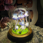 Mushroom Night Light Glass & Clay Lamp with Butterfly, Dried Flowers and Wooden Base, Battery or USB Powered, 12 cm