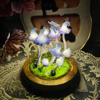 Mushroom Night Light Glass & Clay Lamp with Butterfly, Dried Flowers and Wooden Base, Battery or USB Powered, 12 cm